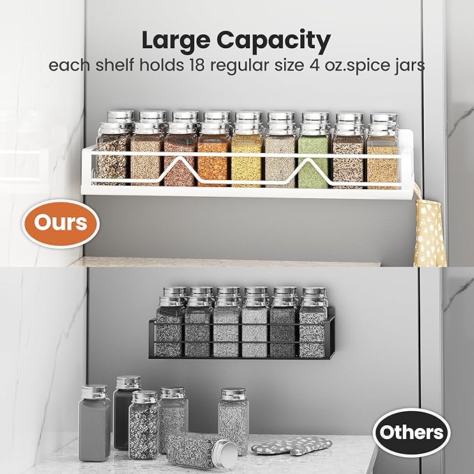 16.9 Inch Wide Large Capacity Magnetic Spice Rack for Refrigerator, 4 Pack Metal Fridge Shelf, White-CasaMuseHome