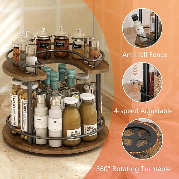 2 Tier Lazy Susan Organizer,2-Tier Spinning Spice Rack with Stable Carousel Base & 4 Height Settings for Cupboard Kitchen Countertop Dining Table Cupboard (Round)-CasaMuseHome