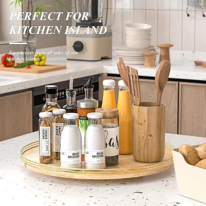 21-Inch Wooden Lazy Susan Turntable – Premium Oak & Iron, Extra Large Rotating Serving Tray for Dining Table, Kitchen Countertop, Farmhouse Décor, Spice Rack, Charcuterie & Entertaining-CasaMuseHome