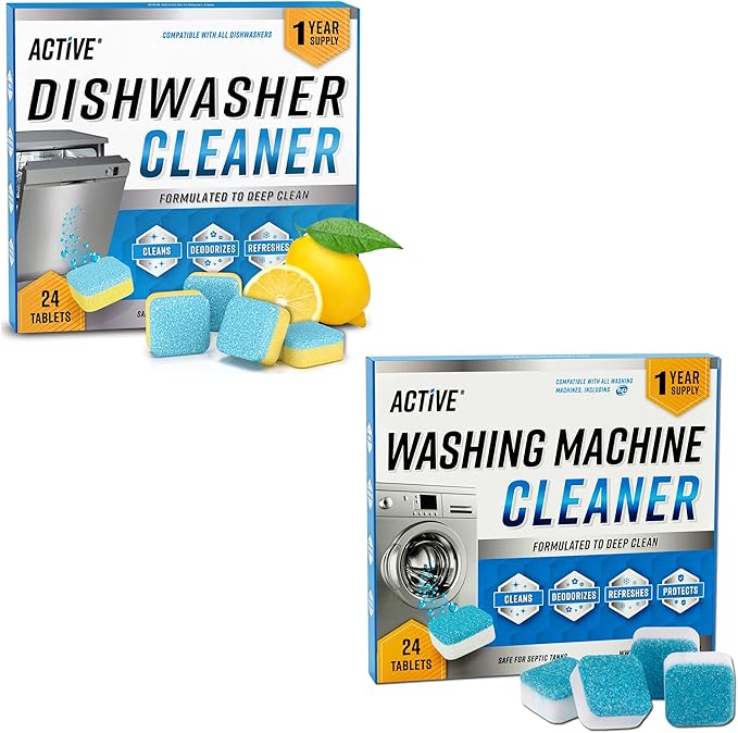 ACTIVE Washing Machine And Dishwasher Cleaning Tablets Bundle - Includes 12 Month Supply Dishwasher Cleaner Deodorizer & Washing Machine Descaler Deep Cleaning Tablets - 48 Tablet Set-CasaMuseHome