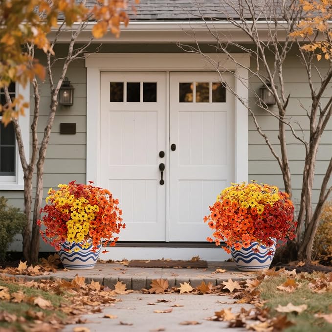 12 Bundles Artificial Fall Flowers Faux Mums for Outdoor Indoor, Artificial Plants Daisy Faux Plants Fake Mums for Fall Decor Pots Patio Garden Porch Autumn (Orange，Brown，Yellow) (12)-CasaMuseHome