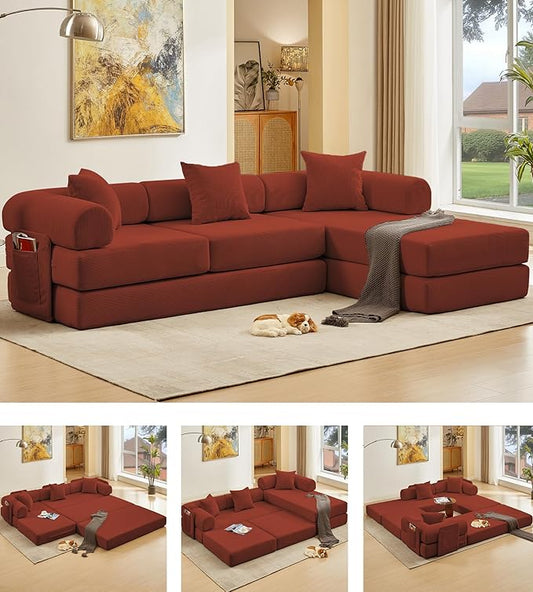 107" Oversized Convertible Sleeper Sofa Bed, Corduroy L Shape Sectional Couch, Folding Sofa Bed with Side Pocket, Modern Cloud Floor Mattress Couch, Modular Sofa for Living Room, Red-CasaMuseHome