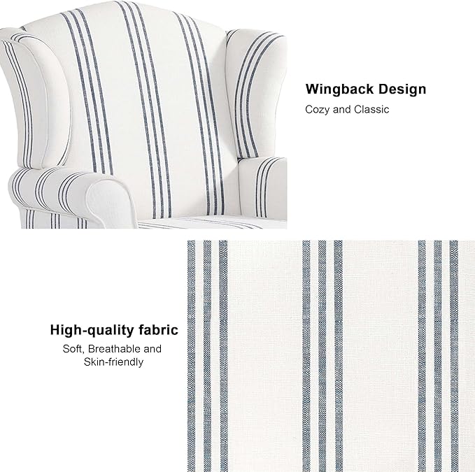 Accent Chair, High Back Upholstered Armchair with High Resilience Sponge & Wood Legs, Mid-Century Modern Comfy Single Sofa Reading Chairs for Living Room, Bedroom (Stripe Navy, Set of 1)-CasaMuseHome