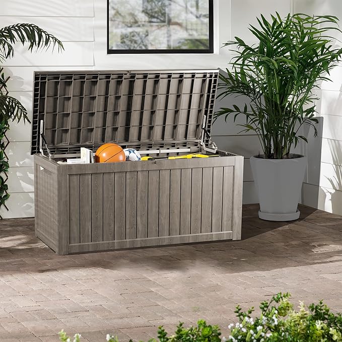 200 Gallon Lockable Resin Deck Box, Waterproof & UV-Resistant Outdoor Storage Box for Outdoor Cushion Storage, Garden Tools & Pool Accessories Storage, Gray-CasaMuseHome