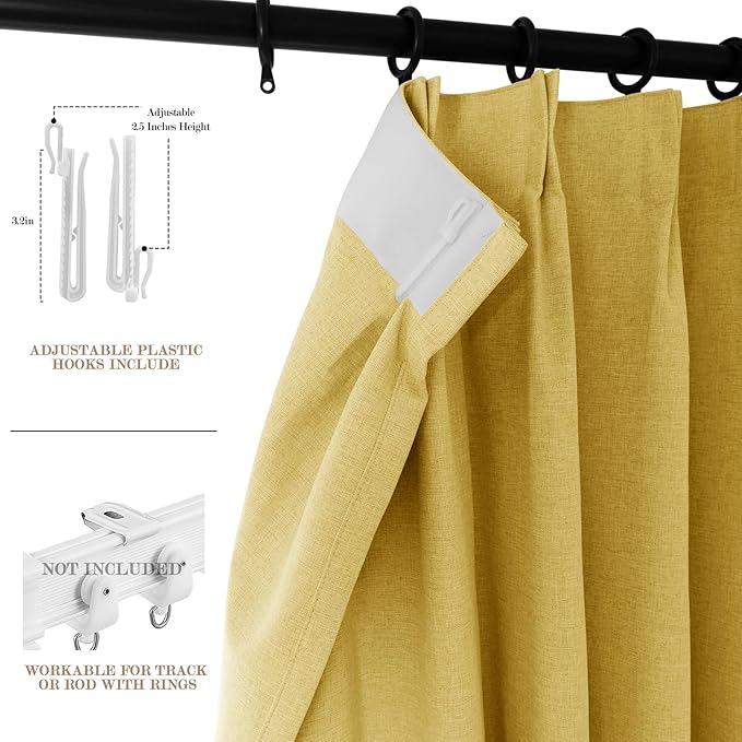 100% Blackout Linen Textured Drapes for Bedroom Pinch Pleated Curtains for Track System Portable Drapery for Sliding Glass Door/Storage/Space Room Divider, 70" Wx84 L, 1 PC, Yellow-CasaMuseHome