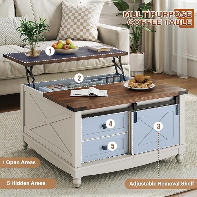 31.5" Lift Top Coffee Table with Storage, Farmhouse Coffee Tables for Living Room, Square Coffee Table with Large Hidden Storage Compartment, 2 Drawers & Removable Shelves, White-CasaMuseHome