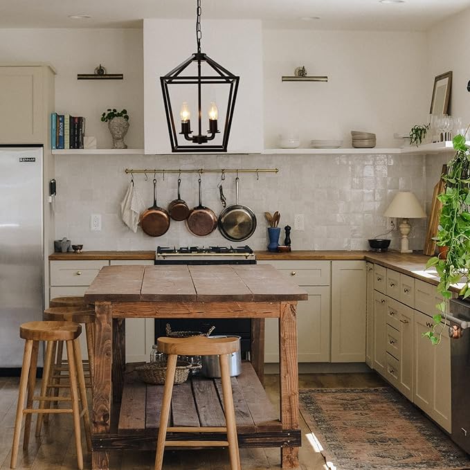 4-Light Lantern Pendant Light,Modern Industrial Black Cage Farmhouse Chandelier for Kitchen Island,12'' Rustic Metal Hanging Lighting Fixture for Dining Room Bedroom Foyer Entry Porch-CasaMuseHome