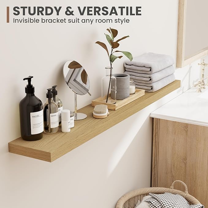 36 Inch Floating Shelves, 8 Inch Deep Floating Shelves for Wall, Hanging Shelf with Invisible Brackets, Deep Shelves for Bathroom, Bedroom, Living Room, Oak, Set of 2-CasaMuseHome
