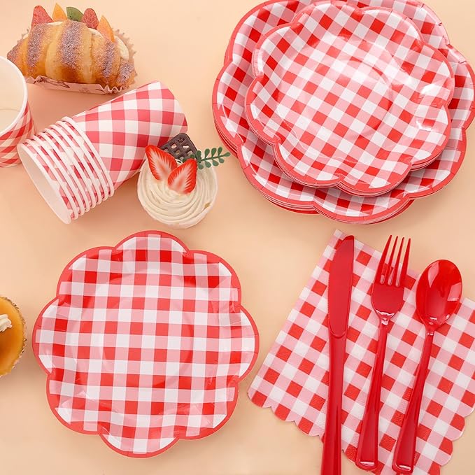 350 Pcs Red Gingham Plates and Napkins Party Supplies - Red and White Checkered Plates Sets Serve 50 Guests - Scalloped Gingham Paper Plate for Birthday Picnic Wedding Christmas Party Decorations-CasaMuseHome