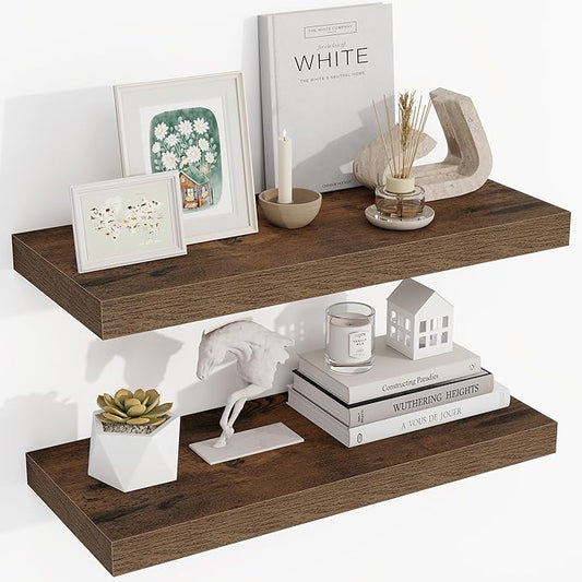 24 Inch Floating Shelves, 24"x9.25"x1.5" Inch Deep Floating Shelves for Wall, Wooden Shelves for Bathroom, Bedroom, Living Room, Brown-CasaMuseHome