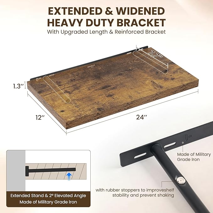 24" Floating Shelves for Wall, 12" Deep Slim Rustic Brown Floating Shelves, Wall-Mounted Shelves for Bedroom, Living Room, Kitchen, Bathroom - Set of 2-CasaMuseHome