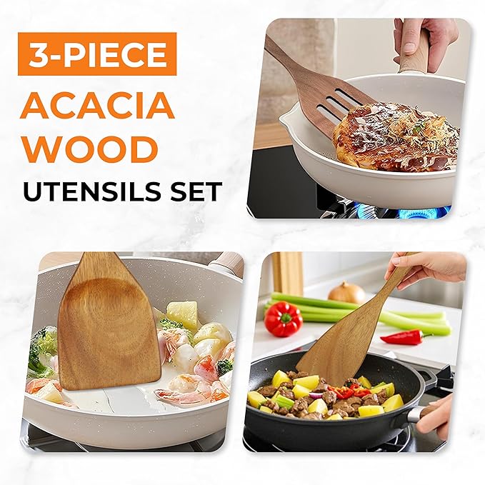Acacia Wood Spatula Set of 3 - Natural Wooden Cooking Utensils for Nonstick Pans, Scratch-Proof & Heat Resistant, Sturdy & Lightweight Kitchen Tools with Hanging Holes-CasaMuseHome