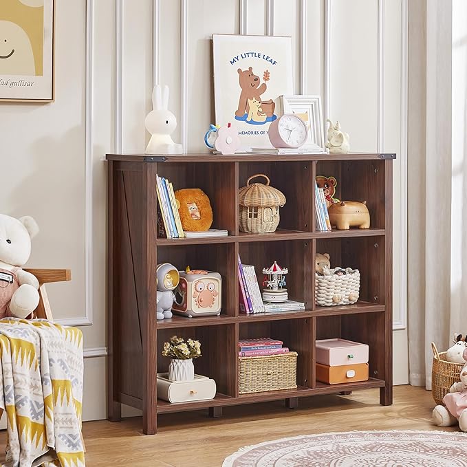 9 Cube Bookcase, Farmhouse 47 Inch Wide Brown Walnut Bookshelf, Wooden 3 Tier Display Large Open Book Shelf, Vintage Horizontal Book Case for Home Office, Cubby Storage Cabinet for Living Room-CasaMuseHome