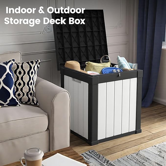50 Gallon Storage Box, Waterproof Deck Box for Indoor & Outdoor Use, Lockable Pool Storage Bin for Package Delivery, Outdoor Bench for Patio Cushions, Garden Tools, Backyard, Black & White-CasaMuseHome