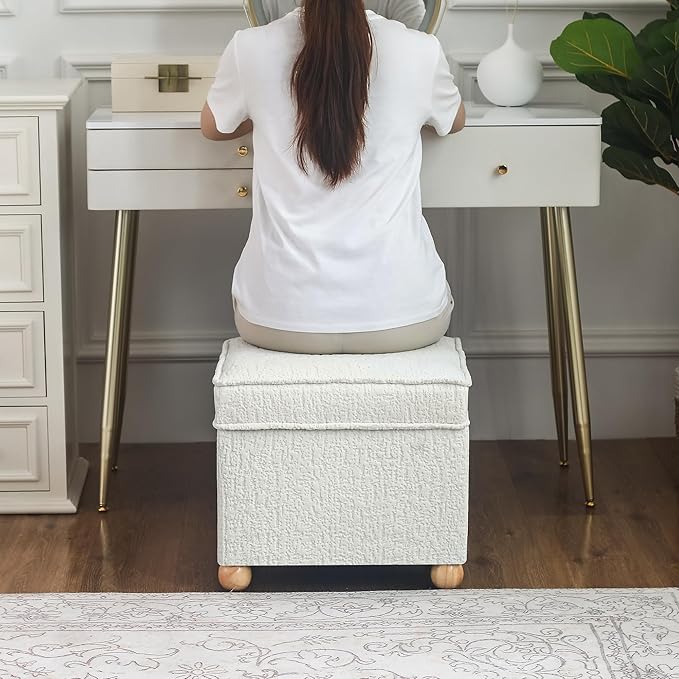 Adeco 17 Inch High Faux Fur White Cube Ottoman Storage, 3D Embossed Velvet Chair Foot Stools, Upholstered Vanity Stool with Hinged Lid, Solid Round Wood Legs-CasaMuseHome