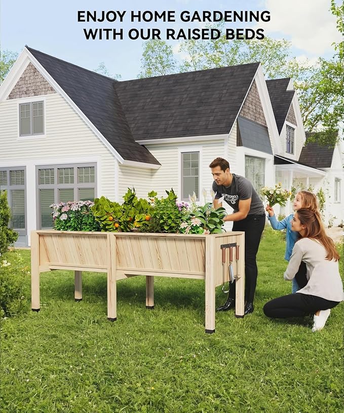 72x26x31 Inch Raised Garden Bed with Legs, 13.7In Depth Wooden Planter Box for Outdoor Growing Vegetables and Herbs, Elevated Garden Bed with Hooks for Backyard, Patio, Balcony-CasaMuseHome