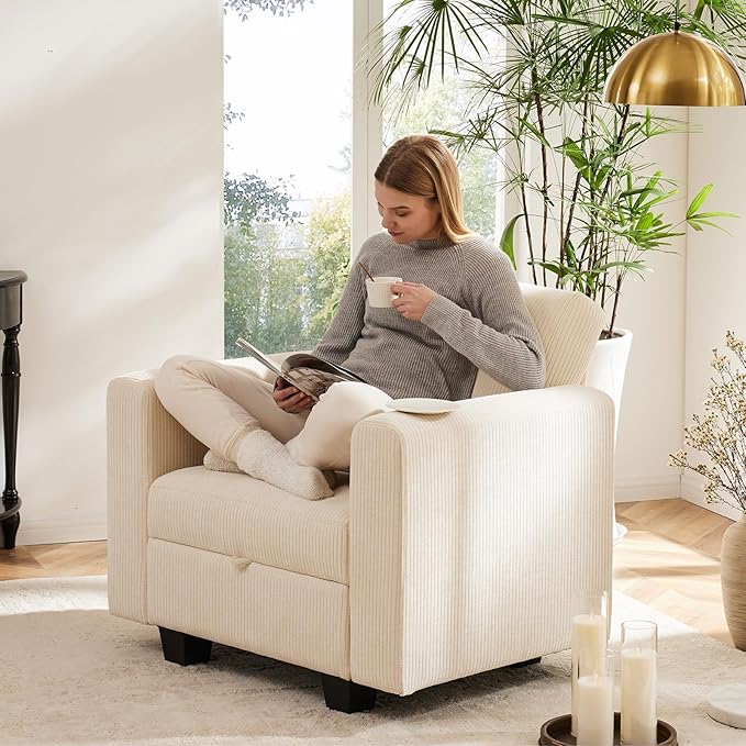 38.5 Oversized Accent Chair with Storage Ivory Corduroy, Single Modern Accent Sofa Chair with Arms for Apartment Living Room (21" Deep Seat)-CasaMuseHome