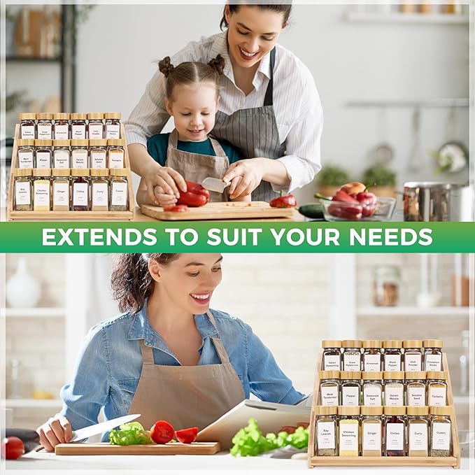 3-Tier Natural Bamboo Spice Rack Organizer - for Kitchen Cabinets, Countertops & Pantries - Space-Saving Tiered Shelf-CasaMuseHome