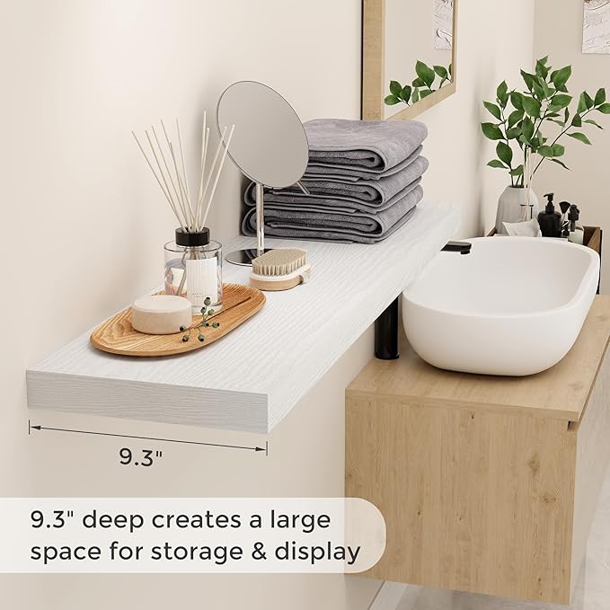 40 Inch Floating Shelves White, 40" W x 9" D Floating Shelf Set of 2, Farmhouse Wood Wall Shelves for Bedroom, Kitchen, Wall Mounted Deep Shelving for Home Decor-CasaMuseHome