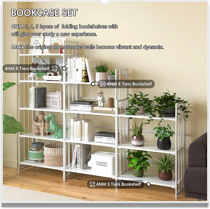 4NM No Assembly 5 Tiers Folding Bookshelf, 59.4" H Foldable Storage Shelves Vintage Bookcase Standing Racks Study Organizer Home Office - All White-CasaMuseHome