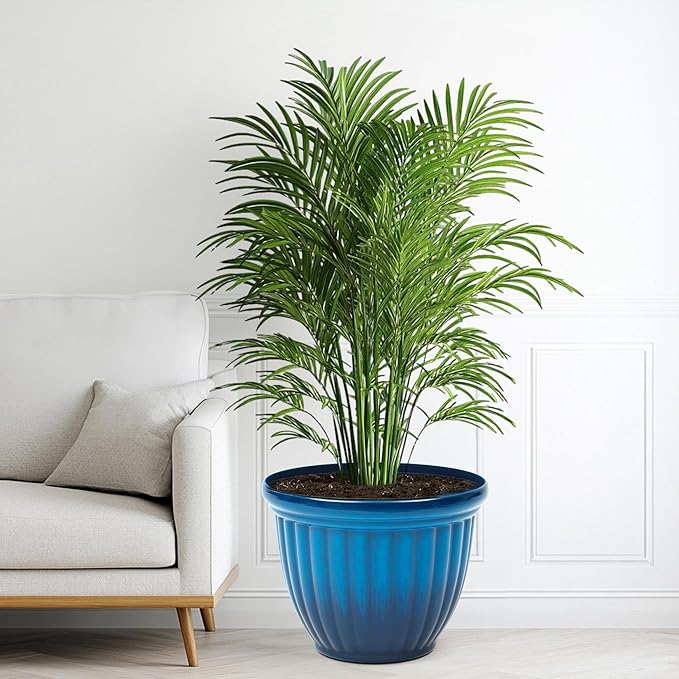 15" H Large Flower Pots, Set of 2 Plastic Planters for Outdoor Plants with Gradient Blue Finish and 3D Textures, Weather-Resistant for Porch, Garden, Patio or Indoor Use-CasaMuseHome