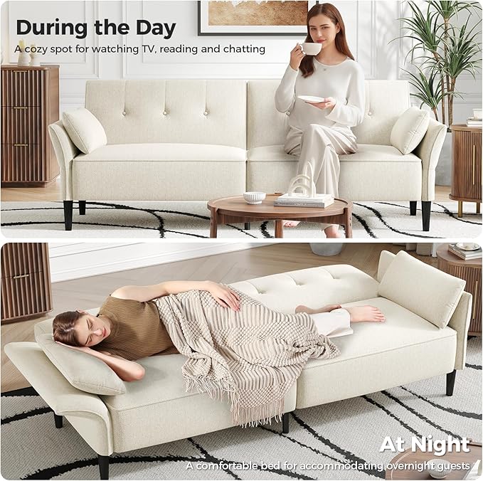 89” Futon Sofa Bed, Linen Comfy Futon Couch Bed with 2 Square Pillows, Convertible Sleeper Sofa with Adjustable Backrest& Armrests, Modern Loveseat Sleeper for Living Room, Bedroom, White-CasaMuseHome
