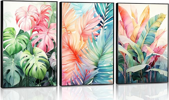 3pcs Tropical Botanical Canvas Wall Art Monstera Leaves Posters Botanical Prints Bohemian style Wall Decor Pictures Palm Leaves Paintings for Bathroom living room Decoration Unframed-CasaMuseHome