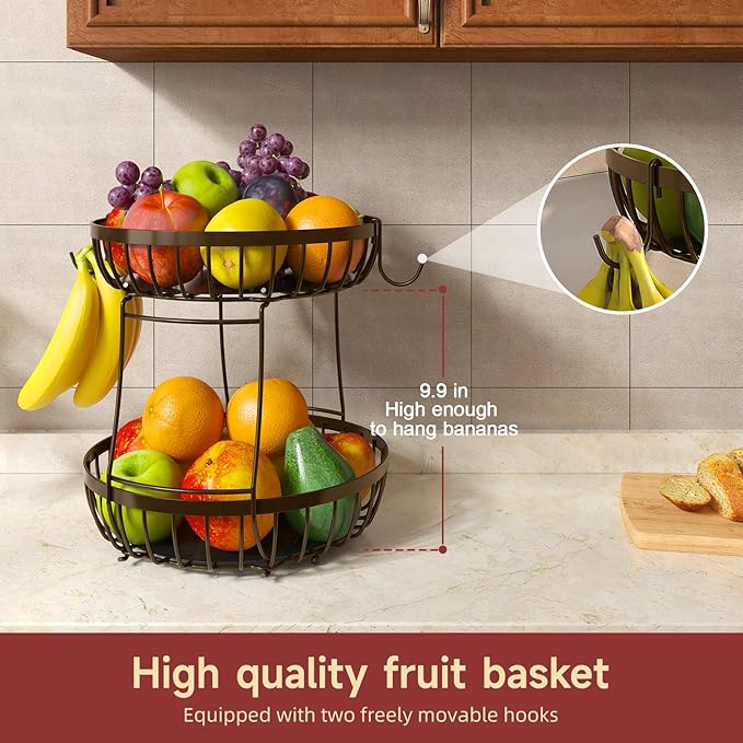 2 Tier Fruit Basket for Kitchen Counter with 2 Banana Hangers, Metal Stackable Fruit Bowl for Kitchen Counter for Bread Vegetable Fruits, Brown-CasaMuseHome
