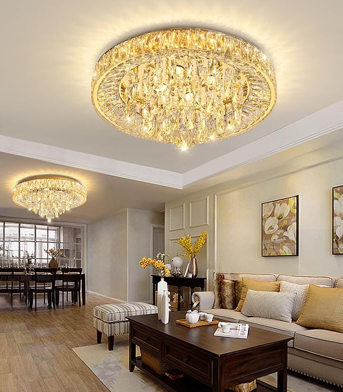23.6'' Modern Crystal Chandeliers LED Dimmable Flush Mount Ceiling Chandeliers for Living Room Entrance Foyer Bedroom Gold-CasaMuseHome