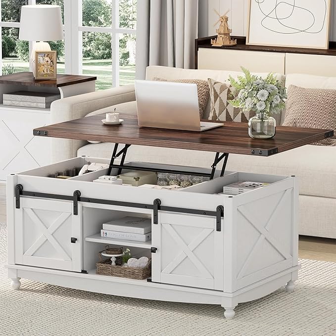 48" Farmhouse Lift Top Coffee Table with Storage Sliding Barn Door & Large Hidden Compartment, Coffee Table with Lifting Top with Wooden Lift Tabletop, Coffee Tables for Living Room, White-CasaMuseHome