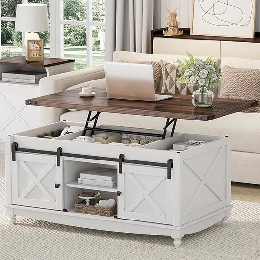 48" Farmhouse Lift Top Coffee Table with Storage Sliding Barn Door & Large Hidden Compartment, Coffee Table with Lifting Top with Wooden Lift Tabletop, Coffee Tables for Living Room, White-CasaMuseHome