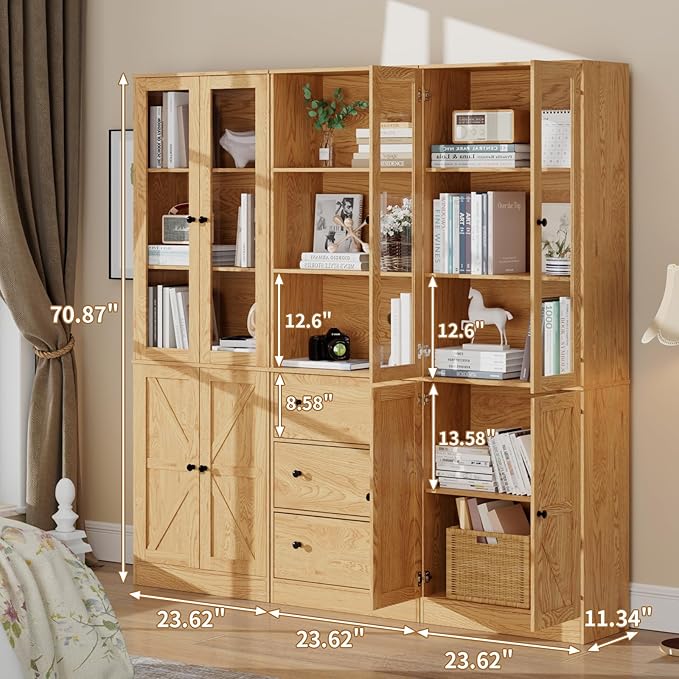 71" Tall Bookshelves Set of 3, 1 Bookcase with Drawers & 2 Bookshelves with Doors, Wooden Floor Standing Display Storage Shelves for Home Office, Living Room-CasaMuseHome