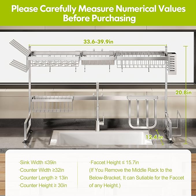 2 Tier Extra Large Stainless Steel Expandable Over The Sink Dish Drainer Drying Rack, Rust Proof Metal, Space Saving, Modern Silver Big Capacity Extendable Plate Strainers Above Kitchen Counter-CasaMuseHome