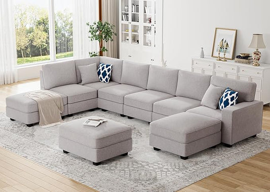 L Lengend Vansen Modular Sectional Sofa U Shaped Couch with Ottoman Modern Reversible Corner Sectional Couch for Living Room (Light Grey, U Shaped Sofa-4)-CasaMuseHome
