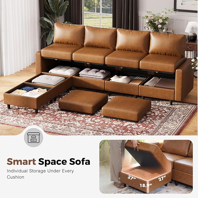 91.5" Luxury Modular Sleeper Sofa Bed with Storage Seat, 6 Seat Sectional Couch Deep Seat with Reversible Chaises & Removable Cover for Living Room - Faux Leather Brown-CasaMuseHome