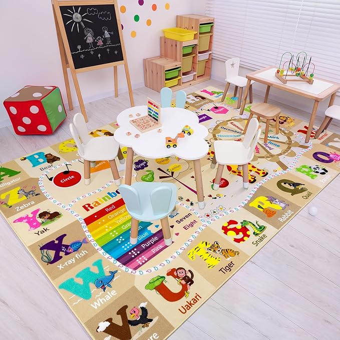 4x6 Playroom Rugs for Kids Washable, Educational and Fun Playmat with ABC Alphabet Animals Shapes Colors, Non-Slip Play Mat Learning Rugs for Baby Toddler Children Game Activity, Beige-CasaMuseHome