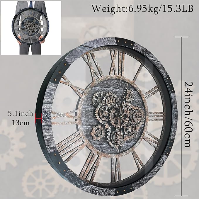 24 Inch Industrial Steampunk Wall Clock, Oversized Solid Wood Frame, Battery Operated, Large Wall Clock with Real Rotating Gears, Gray-CasaMuseHome