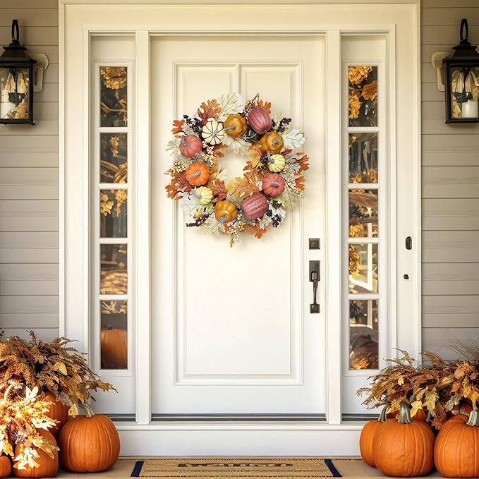 24 inch Fall Wreaths for Front Door Outside Autumn Wreath Fall Decorations for Home Decor Pumpkin Wreath for Farmhouse Holiday Thanksgiving Harvest Halloween Outdoor Indoors Fall Front Porch-CasaMuseHome