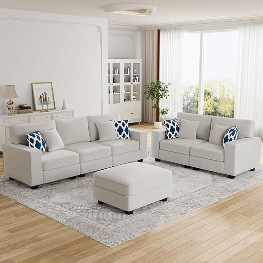 L Lengend Vansen Modular Sectional Sofa U Shaped Couch with Ottoman Modern Reversible Corner Sectional Couch for Living Room (Cream, 2+3 with Ottoman)-CasaMuseHome