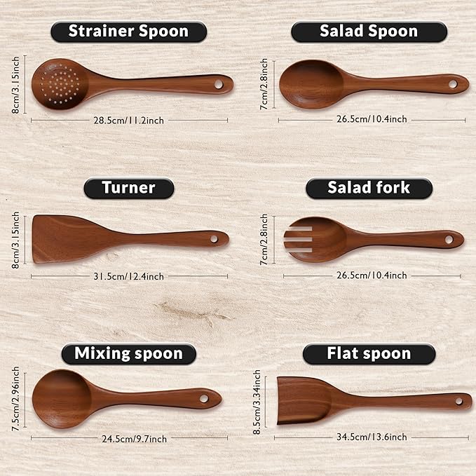 6-Piece Acacia Wood Cooking Utensil Set – Wooden Kitchen Pan Toolset for Nonstick Cookware – Includes Spoons & Spatulas – Non-Scratch, Eco-Friendly Cooking Tools – Everyday Use - Lifetime Replacements-CasaMuseHome