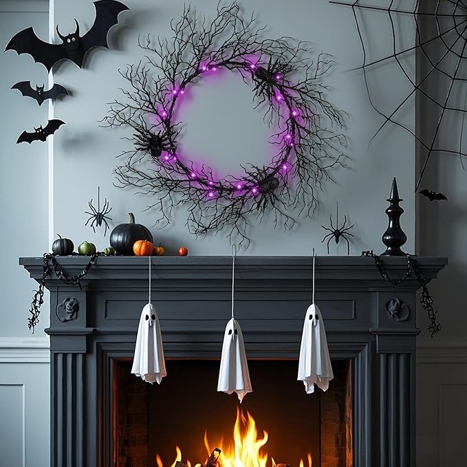 24 Inch Halloween Wreath for Front Door - Lighted Black Spider Wreath with Purple LED Lights, Outdoor/Indoor Spooky Decorations for Halloween Party, Porch, Holiday Home Decor-CasaMuseHome