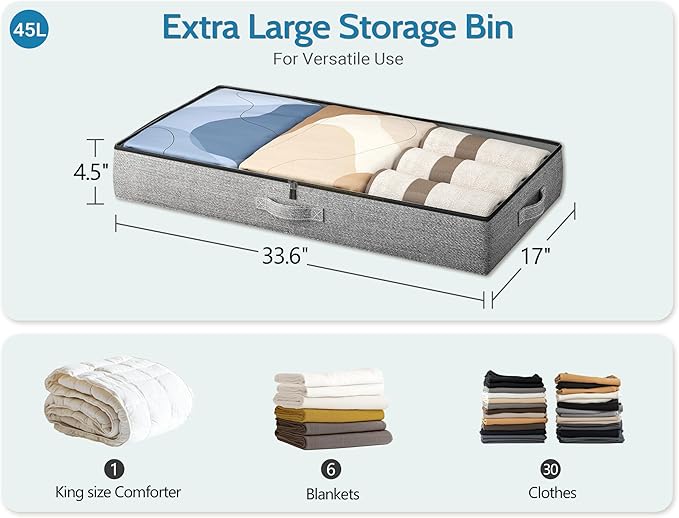 2-Pack Under Bed Storage Containers, 4.5 Inches Tall Low Profile Underbed Clothes Storage Organizer Bin with Sturdy Sidewalls/Bottom, Underbed Storage Bins 2 Storage Thin Bins-CasaMuseHome