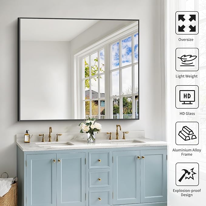 40x48inch Black Bathroom Mirror, Black Rectangle Mirror with Frame, Large Rectangular Wall Mirrors for Bathroom, Living Room, Hair Salon, Big Farmhouse Mirror Hang Horizontal/Vertical-CasaMuseHome