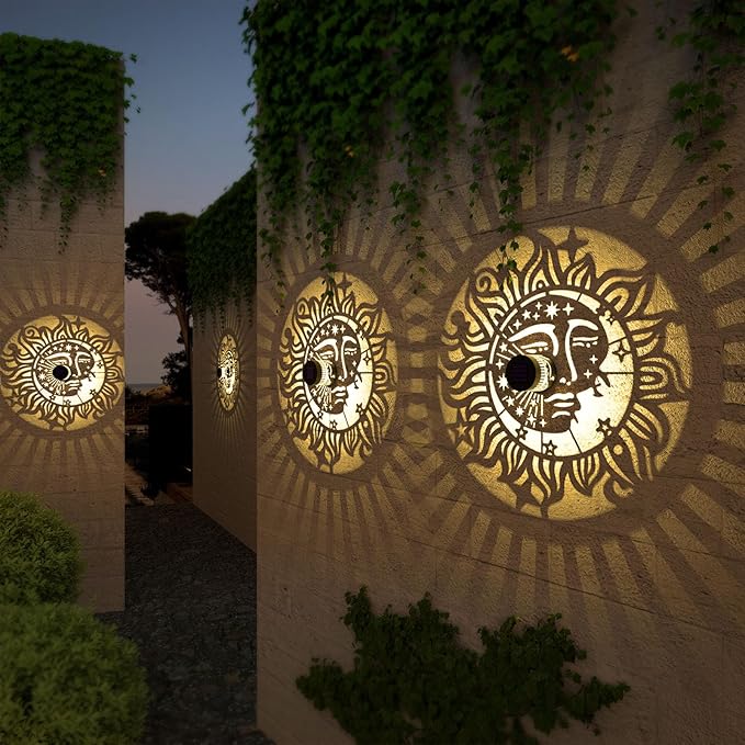 4 Pack Solar Fence Lights Metal Solar Powered Outdoor Wall Deck Step Lights Sun Moon Theme Waterproof Fence Light for Garden Post Patio Backyard Yard Decor, Gardening Gifts for Women Mom Grandma-CasaMuseHome
