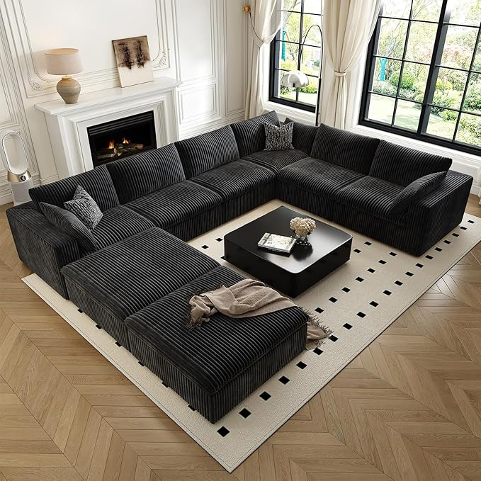 157.5" Cloud Couch Oversized Modular Sectional Sofa for Living Room,Modern Sofa with Deep Seat，8 Seater Boneless Couch with 2 Ottoman,Comfy Upholstered Couches for Apartment, Studio, Office,Black-CasaMuseHome