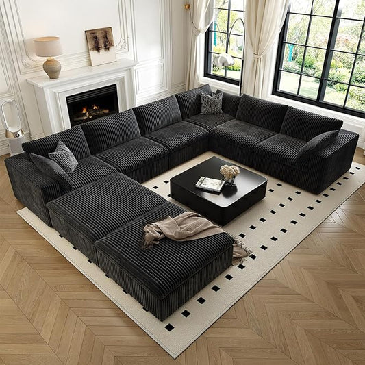 157.5" Cloud Couch Oversized Modular Sectional Sofa for Living Room,Modern Sofa with Deep Seat，8 Seater Boneless Couch with 2 Ottoman,Comfy Upholstered Couches for Apartment, Studio, Office,Black-CasaMuseHome