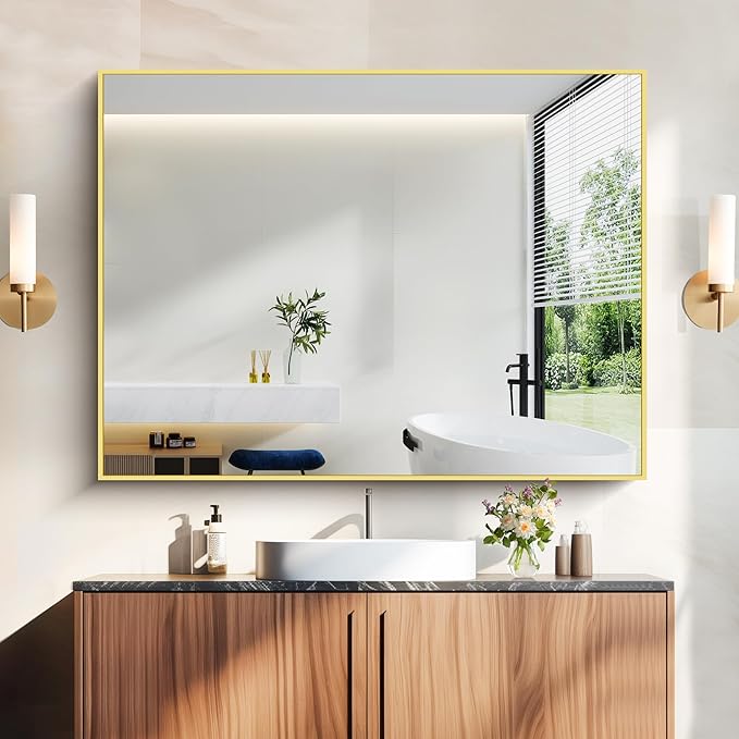 36x48inch Bathroom Mirror, Gold Rectangle Mirror with Thin Metal Frame, Large Rectangular Wall Mirrors for Bathroom, Living Room, Hair Salon, Big Farmhouse Mirror Hang Horizontal/Vertical-CasaMuseHome