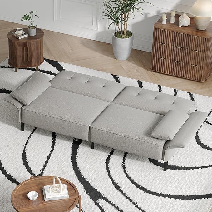 89” Futon Sofa Bed, Linen Comfy Futon Couch Bed with 2 Square Pillows, Convertible Sleeper Sofa with Adjustable Backrest& Armrests, Modern Loveseat Sleeper for Living Room, Bedroom, Light Gray-CasaMuseHome