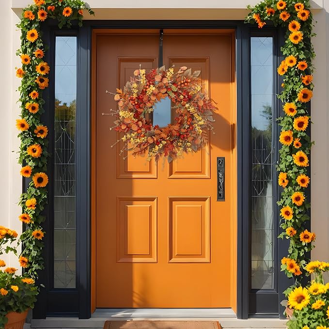 22 inch Artificial Fall Wreaths for Front Door,Autumn Wreath with Large red Berries and Fall Leaves Suitable for Indoor Outdoor Wall Porch Harvest Festival Thanksgiving Day Farmhouse Holiday Decor.-CasaMuseHome