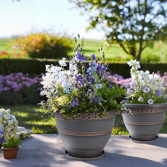 4 Pack 12 Inch Large Plant Pots, Plastic Flower Pot for Indoor & Outdoor with Drainage Holes & Saucer, Plaid Pattern Planters Garden Pots for Herbs Bronze-CasaMuseHome